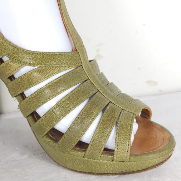CHIE MIHARA Women's US7-7,5 EU38 Oliv Green Leather Caged Heels Strappy Sandals - Picture 13 of 16